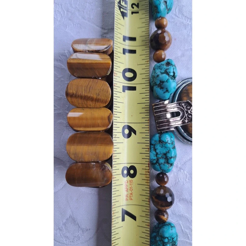 Turquoise Tigers Eye Beaded Necklace Pendant and Stretch Bracelet Jewelry Set